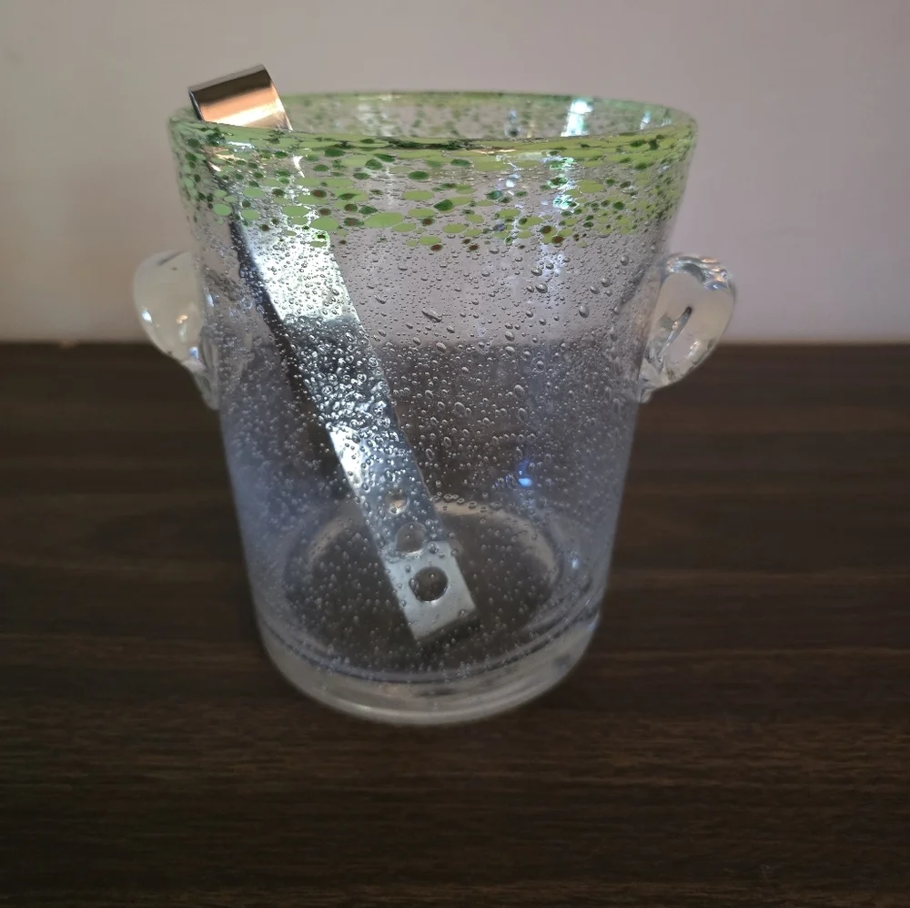 Vintage French Biot Bubble Glass Hand Blown Ice Bucket And Ice Tongs